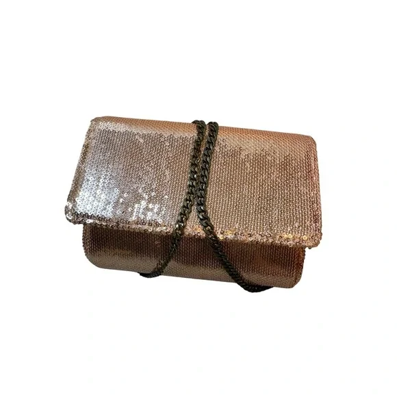 New J. Crew Rose Gold Sequin Party Clutch Crossbody‎ Bag Chain Strap Small - Picture 2 of 6